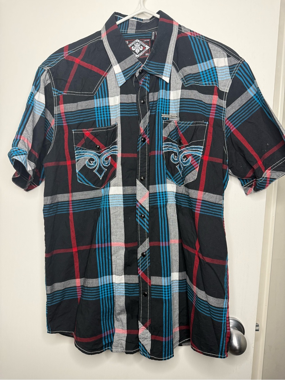 Affliction Men's Black Plaid Short-Sleeve Snap Up Shirt with Blue Red Accents